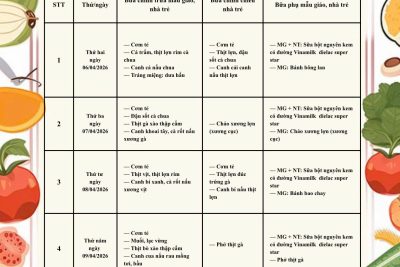 Trường mầm non Nhân Nghĩa công khai thực đơn tuần 2 tháng 04 năm 2026